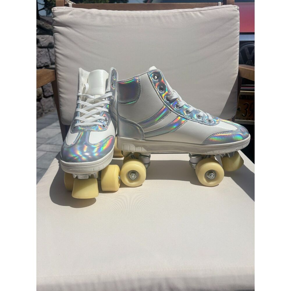 Cosmic Skates White Silver Holographic High Top Roller Skates Women’s Size 9